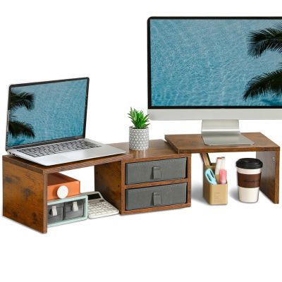 TEAMIX Dual Monitor Stand Riser with 2 Drawers - Length and Angle Adjustable 3 Shelf Monitor Riser with Storage Desk Organizer Large Monitor Stand for 2 Monitors/Laptop/PC,Screen/TV Stand Riser