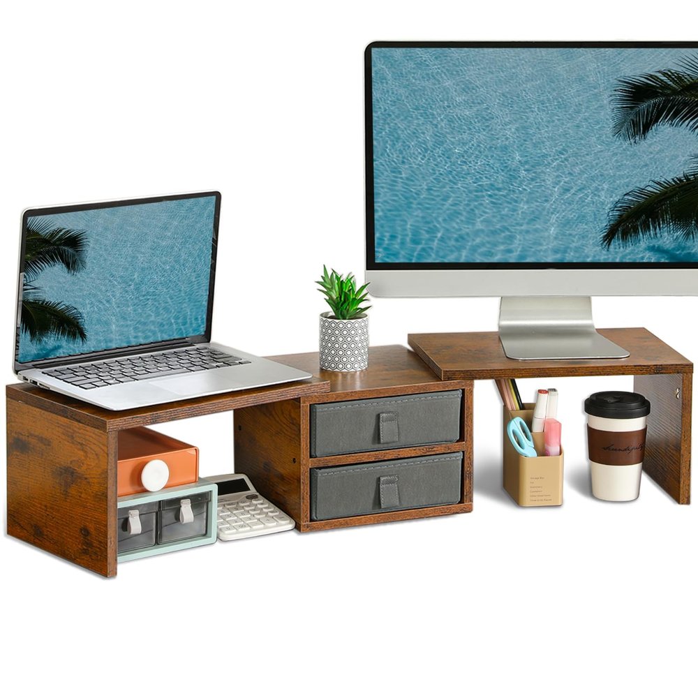 TEAMIX Dual Monitor Stand Riser with 2 Drawers - Length and Angle Adjustable 3 Shelf Monitor Riser with Storage Desk Organizer Large Monitor Stand for 2 Monitors/Laptop/PC,Screen/TV Stand Riser