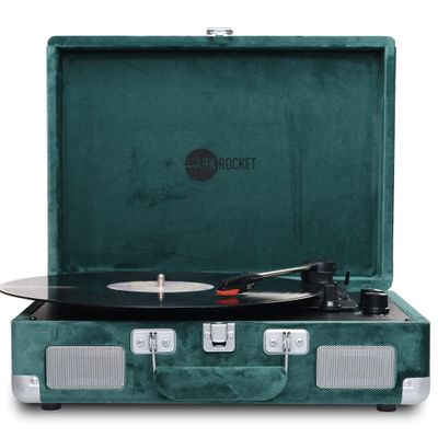 Arkrocket Curiosity Bluetooth Turntable Retro Suitcase 3-Speed Record Player with Built-in Speakers (Dark Green Velvet)