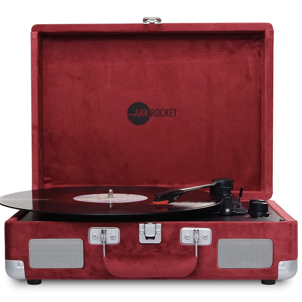 Arkrocket Curiosity Bluetooth Record Player Retro Suitcase 3-Speed Vinyl Turntable with Built-in Speakers (Burgundy Velvet)