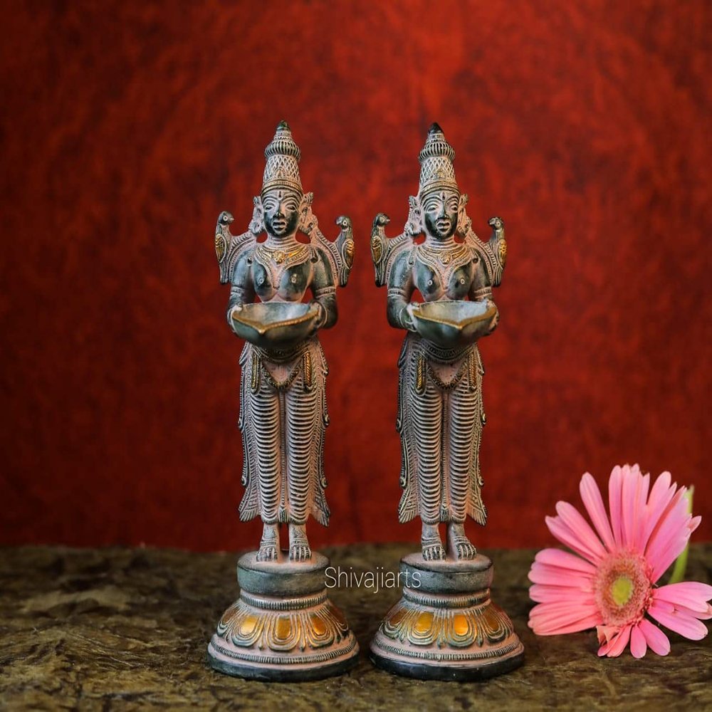 SHIVAJI ARTS Brass Deep Lakshmi Statue Home Temple, Oil Wick Diya Pair, Indian Handcrafted Deepak for Home Decor Handmade Lamp (Set of 2)