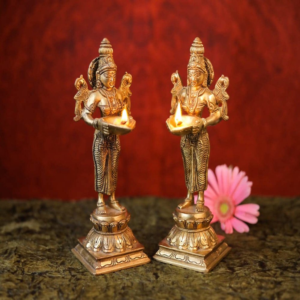 SHIVAJI ARTS Brass Deep Lakshmi Statue Home Temple, Oil Wick Diya Pair, Indian Handcrafted Deepak for Home Decor Handmade Lamp (Set of 2)