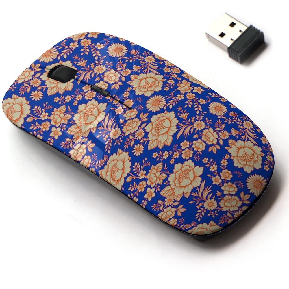2.4G Wireless Mouse with Cute Pattern Design for All Laptops and Desktops with Nano Receiver - Blue Orange Flowers