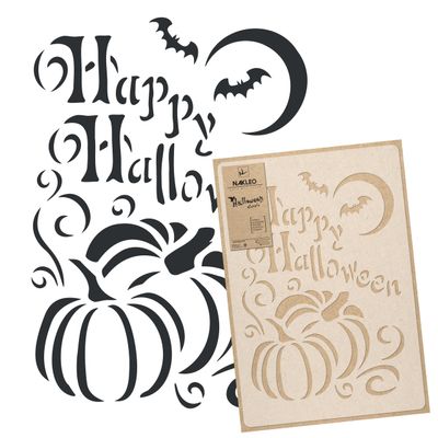NAKLEO Halloween Large Painting Stencil 16.9x25.2, Pumpkin Happy Halloween Inscription Pattern, Reusable Plastic Drawing Template, DIY Art and Craft Home Decor, Wall Floor Wood Fabric Furniture