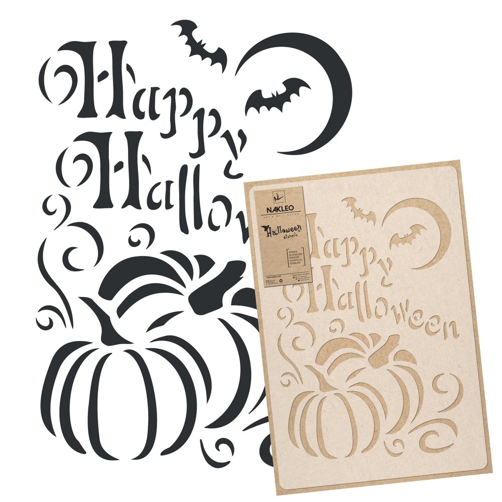 NAKLEO Halloween Large Painting Stencil 16.9x25.2, Pumpkin Happy Halloween Inscription Pattern, Reusable Plastic Drawing Template, DIY Art and Craft Home Decor, Wall Floor Wood Fabric Furniture