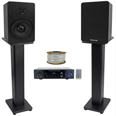 Rockville BLUAMP-150 Bundle: Bluetooth Home Stereo Amplifier, RockShelf 54B 5.25 in Bookshelf Speakers 45W RMS/180W Peak Each (360W Pair), RHTSB 36 in Stands, RCC14-100-2 Wire, 4-Items