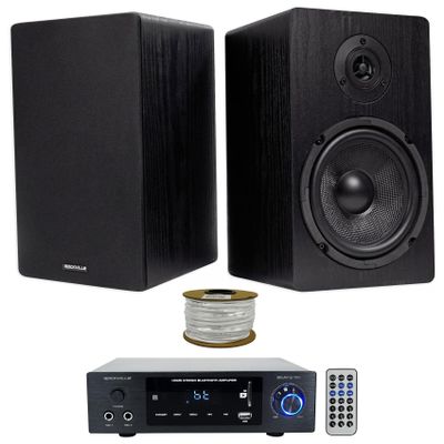Rockville BLUAMP 150 Bundle: Bluetooth Home Stereo Amplifier, (2) RockShelf 64B 6.5" 50W RMS/200W Peak 4-Ohm Bookshelf Speakers, RCC14-100-2 CL2 Rated 14 AWG 100' Speaker Wire, 4-Items
