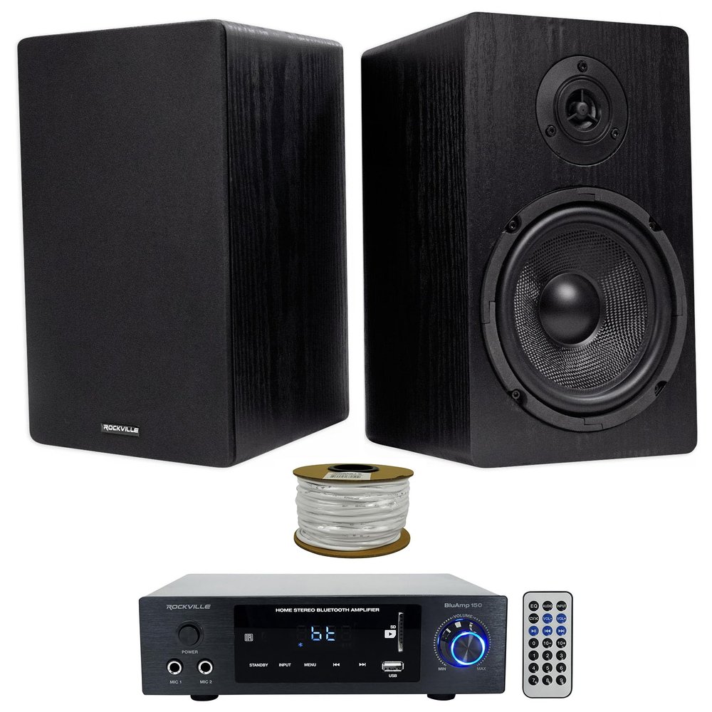 Rockville BLUAMP 150 Bundle: Bluetooth Home Stereo Amplifier, (2) RockShelf 64B 6.5" 50W RMS/200W Peak 4-Ohm Bookshelf Speakers, RCC14-100-2 CL2 Rated 14 AWG 100' Speaker Wire, 4-Items