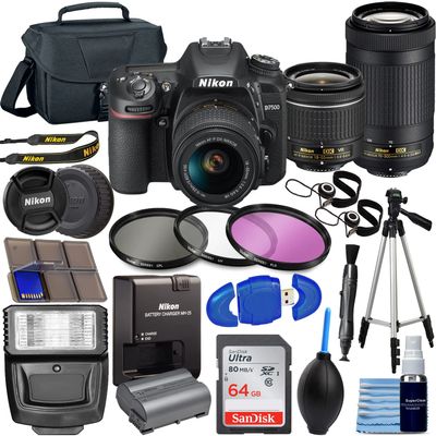 Nikon D7500 DX-Format Digital SLR w/AF-P DX NIKKOR 18-55mm f/3.5-5.6G VR Lens + AF-P DX 70-300mm f/4.5-6.3G ED Lens + 64GB Card, Tripod, Flash, 3 Piece Filter Kit, Case, More