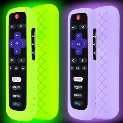 2 Pack Remote Case Battery Cover for TCL Roku Smart TV Steaming Stick Remote, Silicone Protective Controller Universal Sleeve Skin Glow in The Dark Green Purple