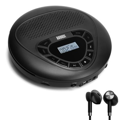 Portable CD Player with Rechargeable Battery - August SE10 - Dual Stereo Speakers, Anti-Skip Protection, Aux Out & MP3 Player, CD & MicroSD, for Home & Car Use - LED Display - Adults or Kids