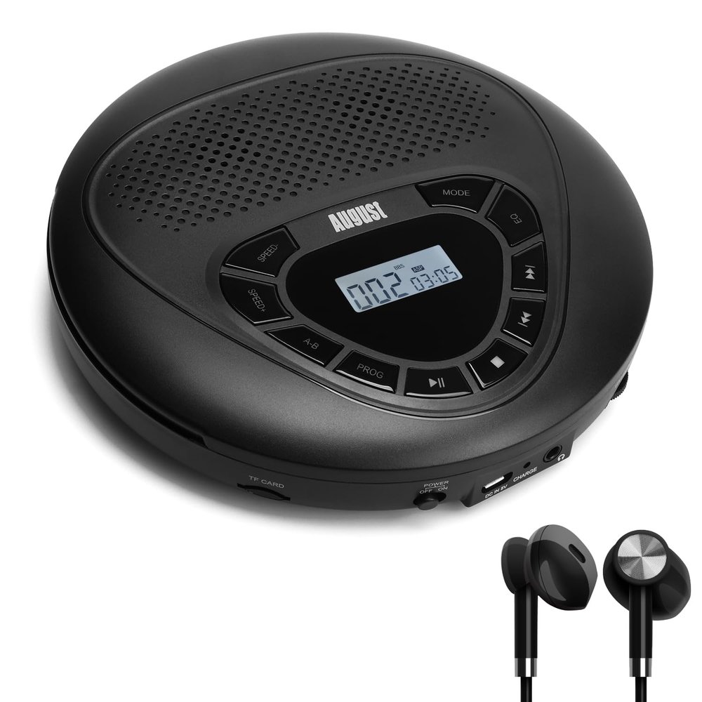 Portable CD Player with Rechargeable Battery - August SE10 - Dual Stereo Speakers, Anti-Skip Protection, Aux Out & MP3 Player, CD & MicroSD, for Home & Car Use - LED Display - Adults or Kids