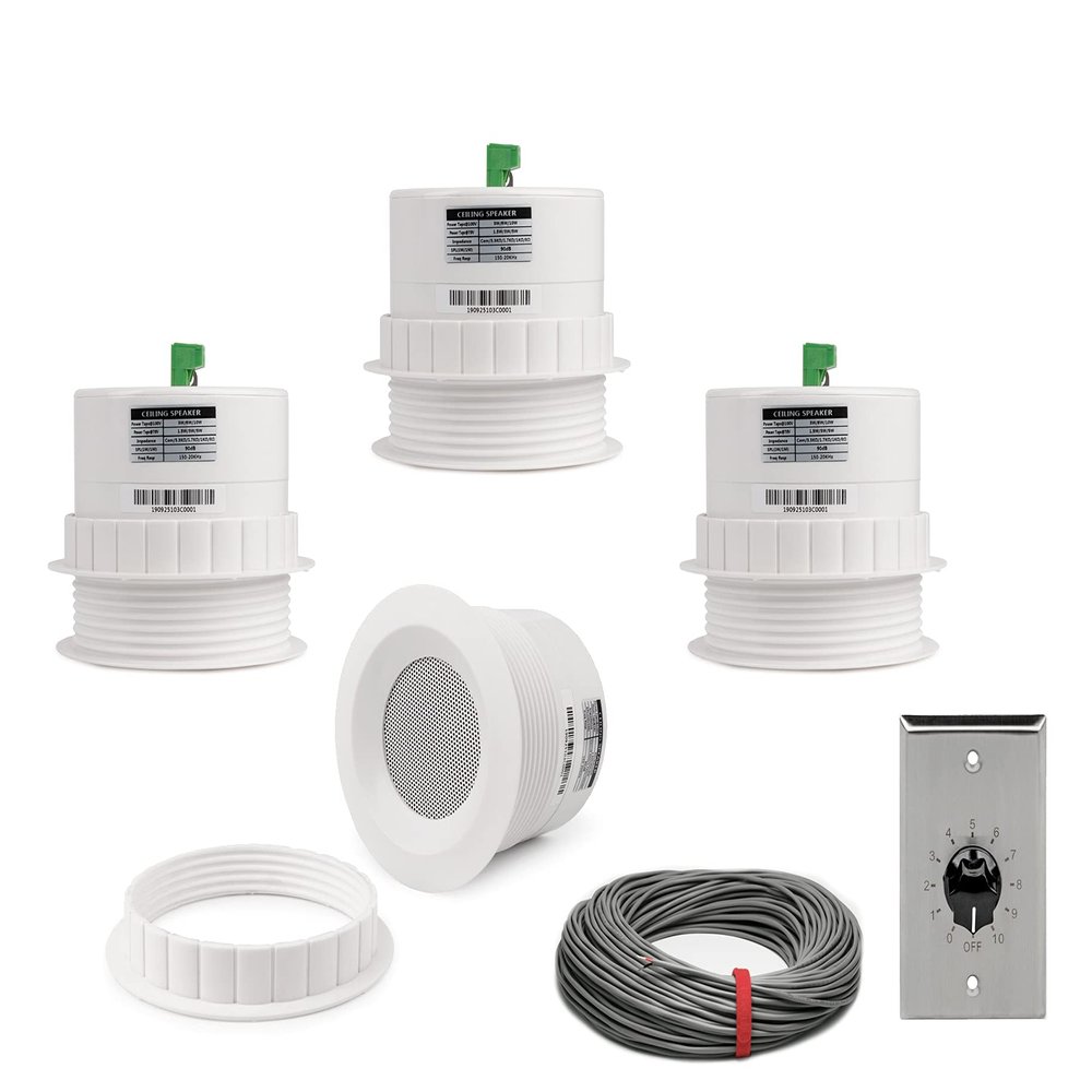 Pure Resonance Audio 3 Inch 70 Volt Ceiling Speaker Bundle with 100W Stainless Steel Volume Control and Installation Wire - Contractor Pack (4 Speakers)