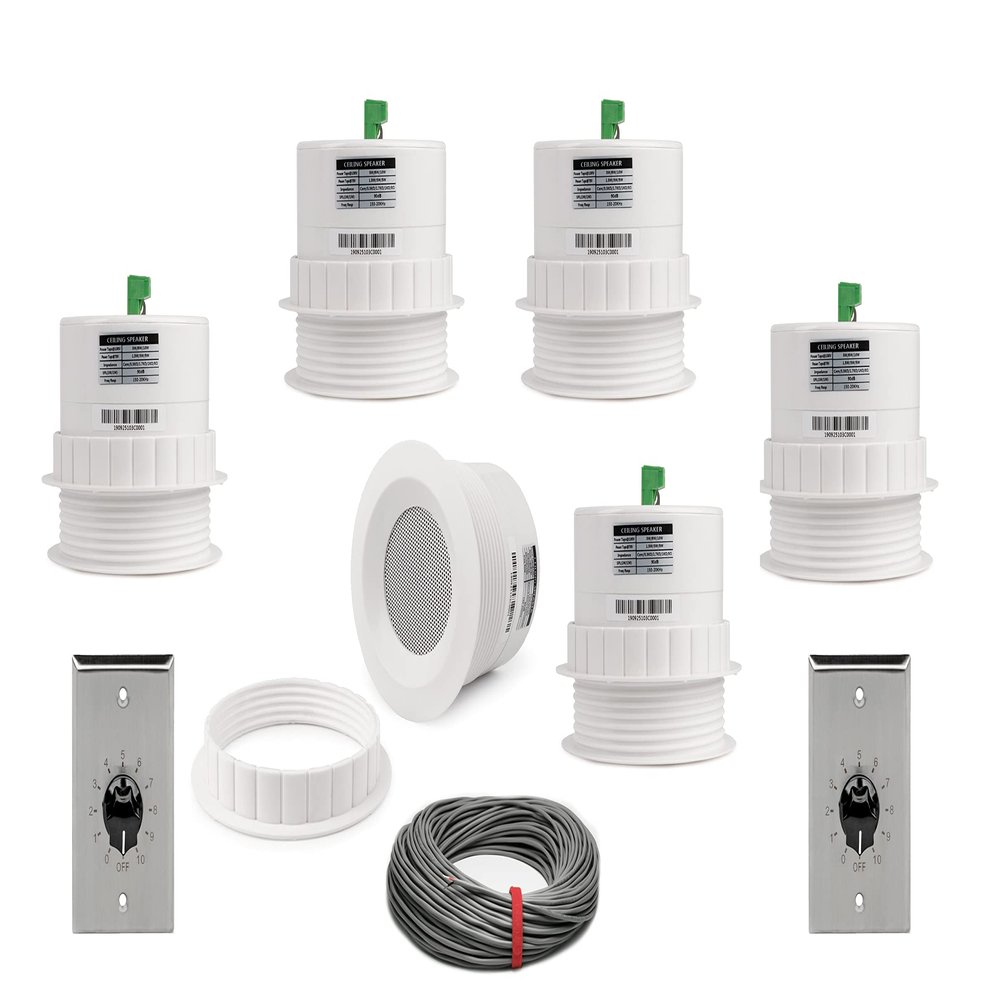 Pure Resonance Audio 3 Inch 70 Volt Ceiling Speaker Bundle with 100W Stainless Steel Volume Control and Installation Wire - Contractor Pack (6 Speakers)