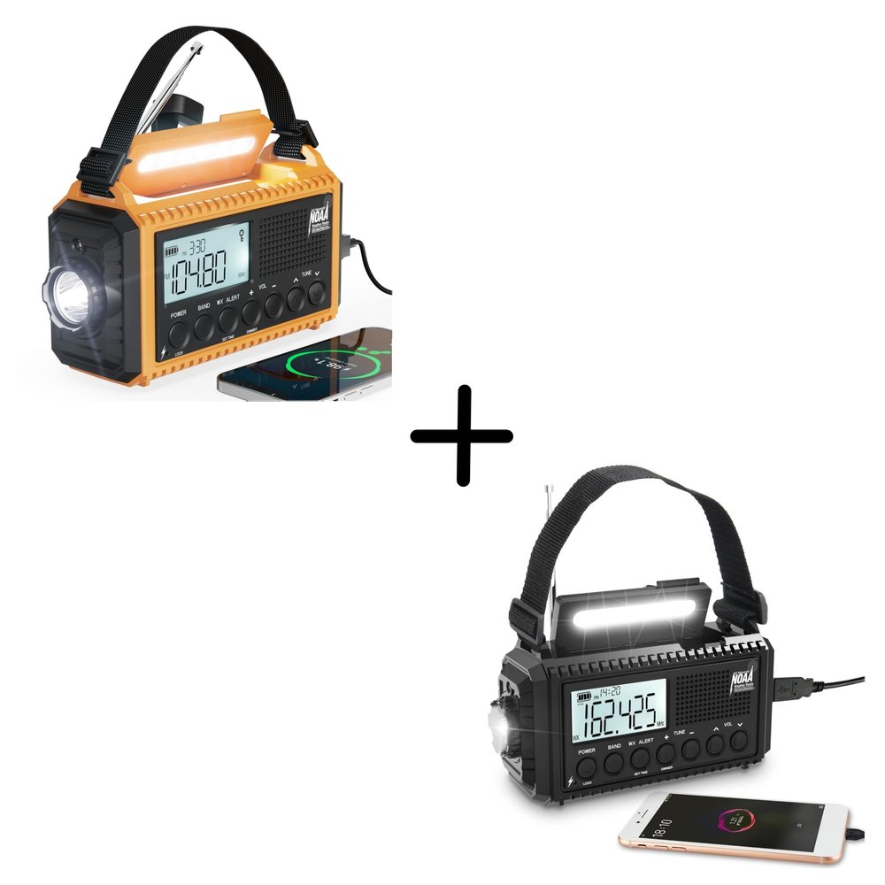 NOAA Emergency Weather Radio 2-Pack (All Black + Yellow)  Digital Tuning, 24/7 Alert Guard, Solar/Crank Power with Flashlight & SOS