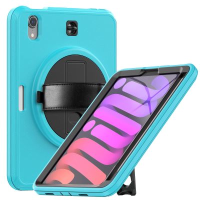 2021 New iPad mini6 case 8.3 inch 6th Gen 360 Rotating Hand Strap/Kickstand/Shoulder Strap/Pencil Holder dust-Proof Shockproof Silicone Protective Cover (iPad mini6, Light Blue+Balck)