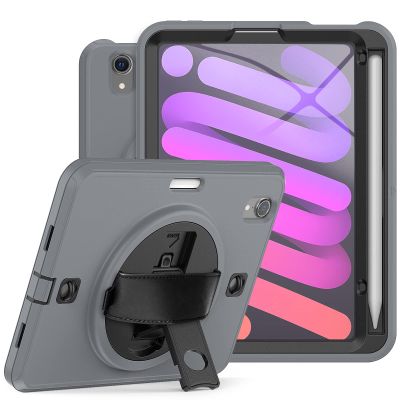 2021 New iPad mini6 case 8.3 inch 6th Gen 360 Rotating Hand Strap/Kickstand/Shoulder Strap/Pencil Holder dust-Proof Shockproof Silicone Protective Cover (iPad mini6, Gray+Balck)