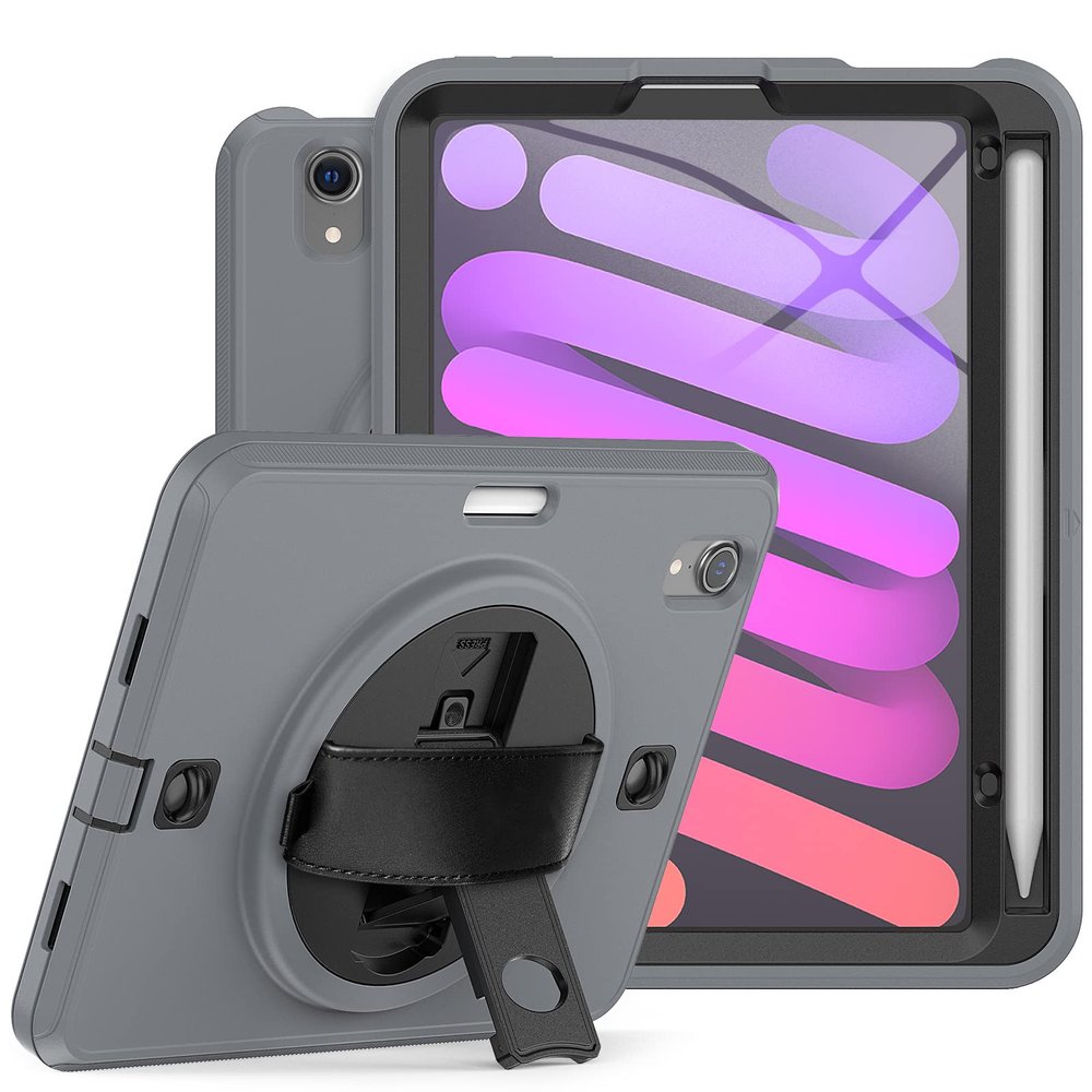 2021 New iPad mini6 case 8.3 inch 6th Gen 360 Rotating Hand Strap/Kickstand/Shoulder Strap/Pencil Holder dust-Proof Shockproof Silicone Protective Cover (iPad mini6, Gray+Balck)