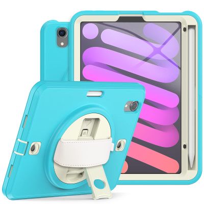 2021 New iPad mini6 case 8.3 inch 6th Gen 360 Rotating Hand Strap/Kickstand/Shoulder Strap/Pencil Holder dust-Proof Shockproof Silicone Protective Cover (iPad mini6, Light Blue+Off White)