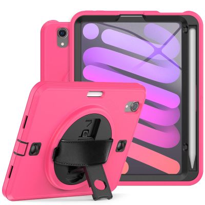 2021 New iPad mini6 case 8.3 inch 6th Gen 360 Rotating Hand Strap/Kickstand/Shoulder Strap/Pencil Holder dust-Proof Shockproof Silicone Protective Cover (iPad mini6, Rose red+Balck)