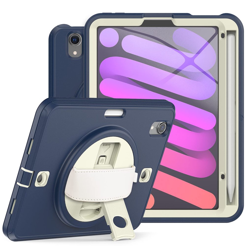 2021 New iPad mini6 case 8.3 inch 6th Gen 360 Rotating Hand Strap/Kickstand/Shoulder Strap/Pencil Holder dust-Proof Shockproof Silicone Protective Cover (iPad mini6, Navy Blue+Off White)