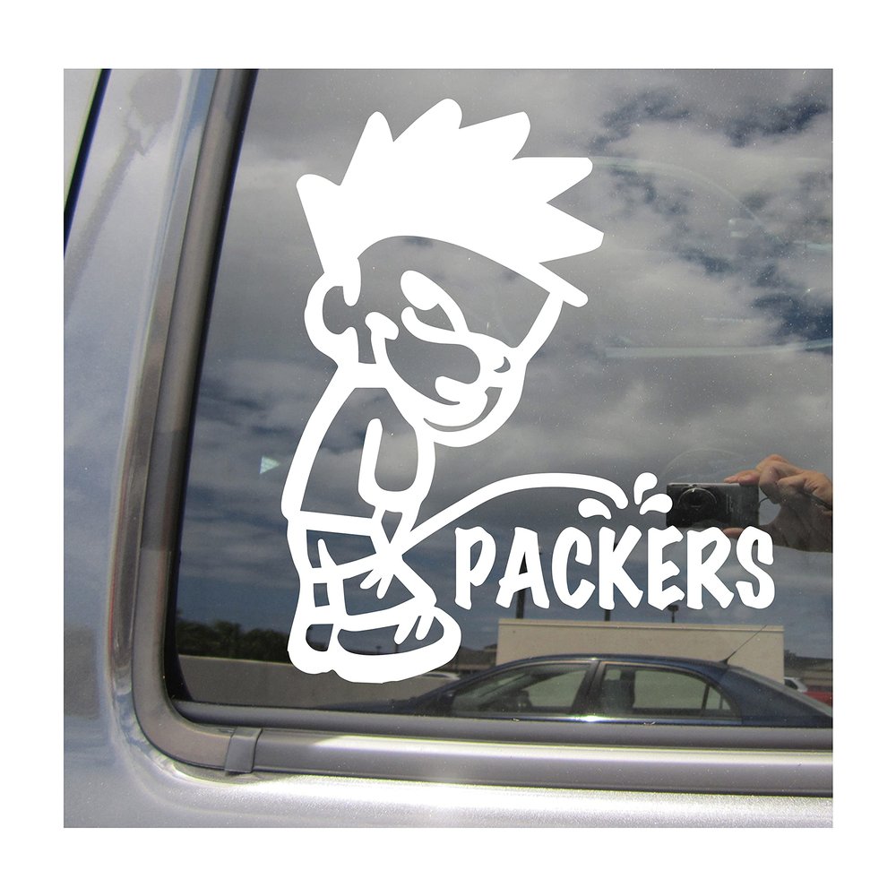 Boy Pee On Packers - Funny Humorous Piss On Car Truck Van Moped Helmet Hard Hat Auto Automotive Craft Cup Tumbler Laptop Vinyl Decal Bumper Window Wall Sticker 02164