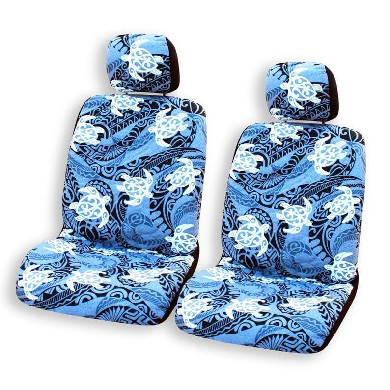Hawaiian Car Seat Covers Set of 2 - Tribal Tapa Prints - Polynesian Designs - 2 Headrest Covers Included (Add Side Airbag Slot, Tribal Honu Blue)