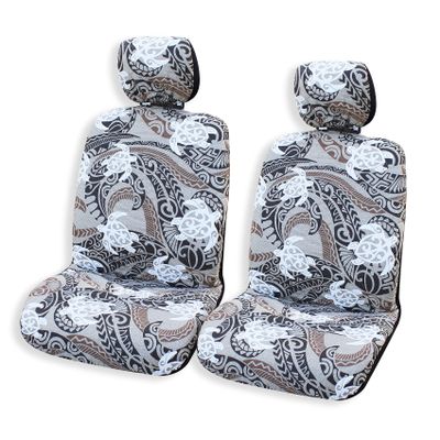 Hawaiian Car Seat Covers Set of 2 - Tribal Tapa Prints - Polynesian Designs - 2 Headrest Covers Included (Add 2 Armrest Slots per Seat Cover, Tribal Honu Tan)