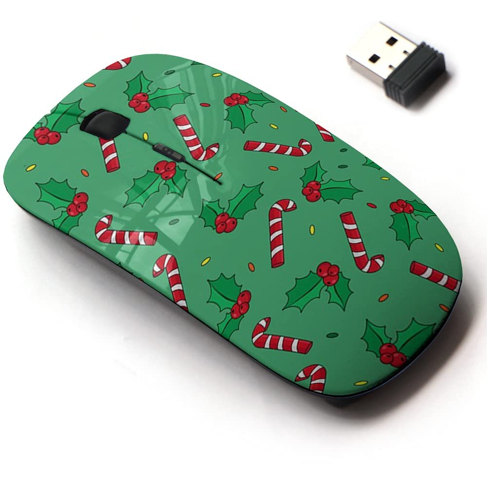 2.4G Wireless Mouse with Cute Pattern Design for All Laptops and Desktops with Nano Receiver - Christmas Holly Candy Cane