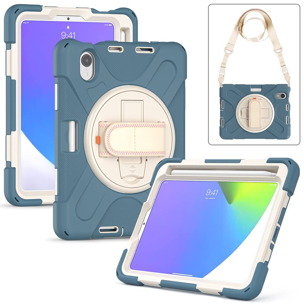 2021 New iPad mini6 case 6th Generation 8.3 inch Detachable Shoulder Strap 360 rotatable Hand Strap Kickstand Pencil Holder Pencil Charging Shockproof Silicone (iPadmini6, Gray Blue)