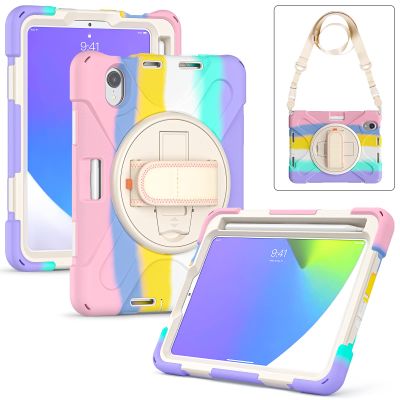 2021 New iPad mini6 case 6th Generation 8.3 inch Detachable Shoulder Strap 360 rotatable Hand Strap Kickstand Pencil Holder Pencil Charging Shockproof Silicone (iPadmini6, Colorful Pink)