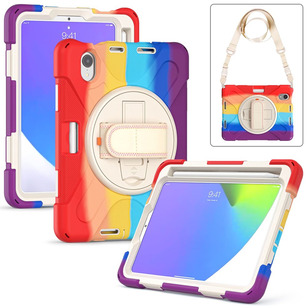 2021 New iPad mini6 case 6th Generation 8.3 inch Detachable Shoulder Strap 360 rotatable Hand Strap Kickstand Pencil Holder Pencil Charging Shockproof Silicone (iPadmini6, Colorful red)
