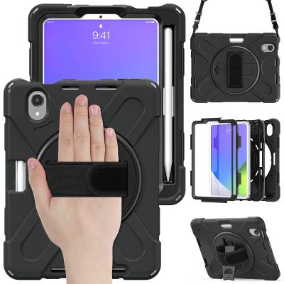 2021 New iPad mini6 case 6th Generation 8.3 inch Detachable Shoulder Strap 360 rotatable Hand Strap Kickstand Pencil Holder Pencil Charging Shockproof Silicone (iPadmini6, Black)