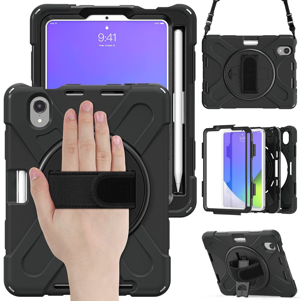 2021 New iPad mini6 case 6th Generation 8.3 inch Detachable Shoulder Strap 360 rotatable Hand Strap Kickstand Pencil Holder Pencil Charging Shockproof Silicone (iPadmini6, Black)