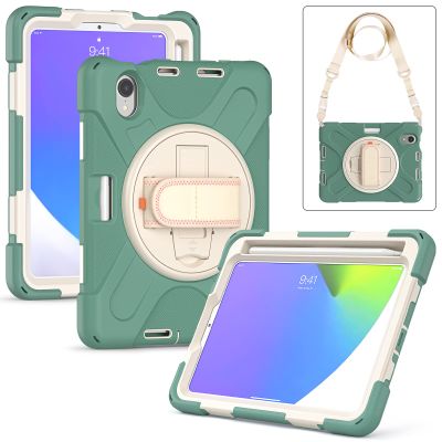 2021 New iPad mini6 case 6th Generation 8.3 inch Detachable Shoulder Strap 360 rotatable Hand Strap Kickstand Pencil Holder Pencil Charging Shockproof Silicone (iPadmini6, Jade Green)