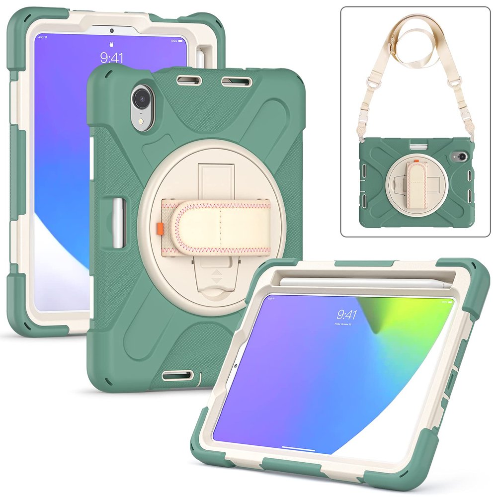 2021 New iPad mini6 case 6th Generation 8.3 inch Detachable Shoulder Strap 360 rotatable Hand Strap Kickstand Pencil Holder Pencil Charging Shockproof Silicone (iPadmini6, Jade Green)