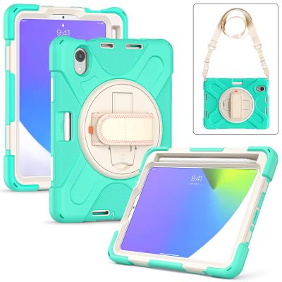 2021 New iPad mini6 case 6th Generation 8.3 inch Detachable Shoulder Strap 360 rotatable Hand Strap Kickstand Pencil Holder Pencil Charging Shockproof Silicone (iPadmini6, Mint Green)