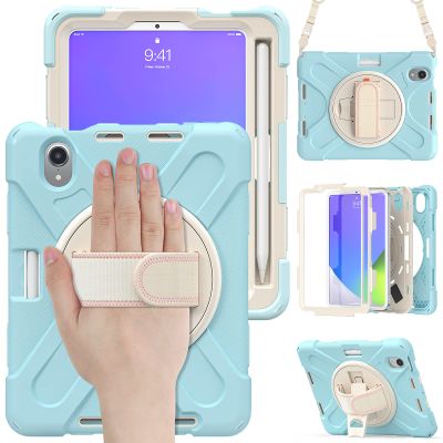 2021 New iPad mini6 case 6th Generation 8.3 inch Detachable Shoulder Strap 360 rotatable Hand Strap Kickstand Pencil Holder Pencil Charging Shockproof Silicone (iPadmini6, Light Blue)
