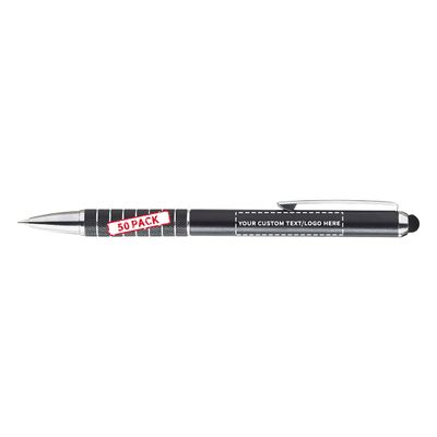 DISCOUNT PROMOS 50 Twist Action Metal Stylus Pens Pack - Customizable Text, Logo - Two in One, Smooth, Black Ink - Black