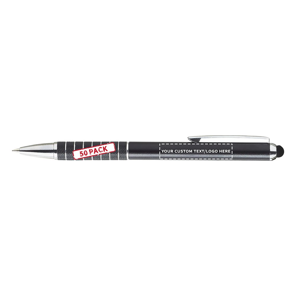 DISCOUNT PROMOS 50 Twist Action Metal Stylus Pens Pack - Customizable Text, Logo - Two in One, Smooth, Black Ink - Black