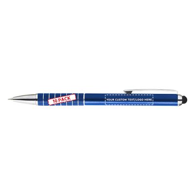 DISCOUNT PROMOS 10 Twist Action Metal Stylus Pens Pack - Customizable Text, Logo - Two in One, Smooth, Black Ink - Blue
