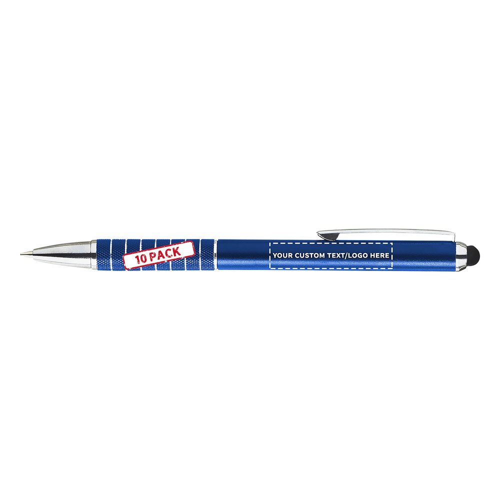 DISCOUNT PROMOS 10 Twist Action Metal Stylus Pens Pack - Customizable Text, Logo - Two in One, Smooth, Black Ink - Blue
