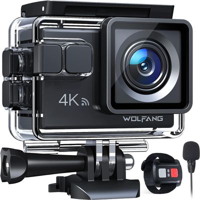 WOLFANG GA100 Action Camera 4K 20MP Waterproof 40M Underwater Camera EIS Stabilization WiFi 170 Wide Angle Helmet Camera (External Microphone, Remote Control, 2 Batteries and Accessory Kit)
