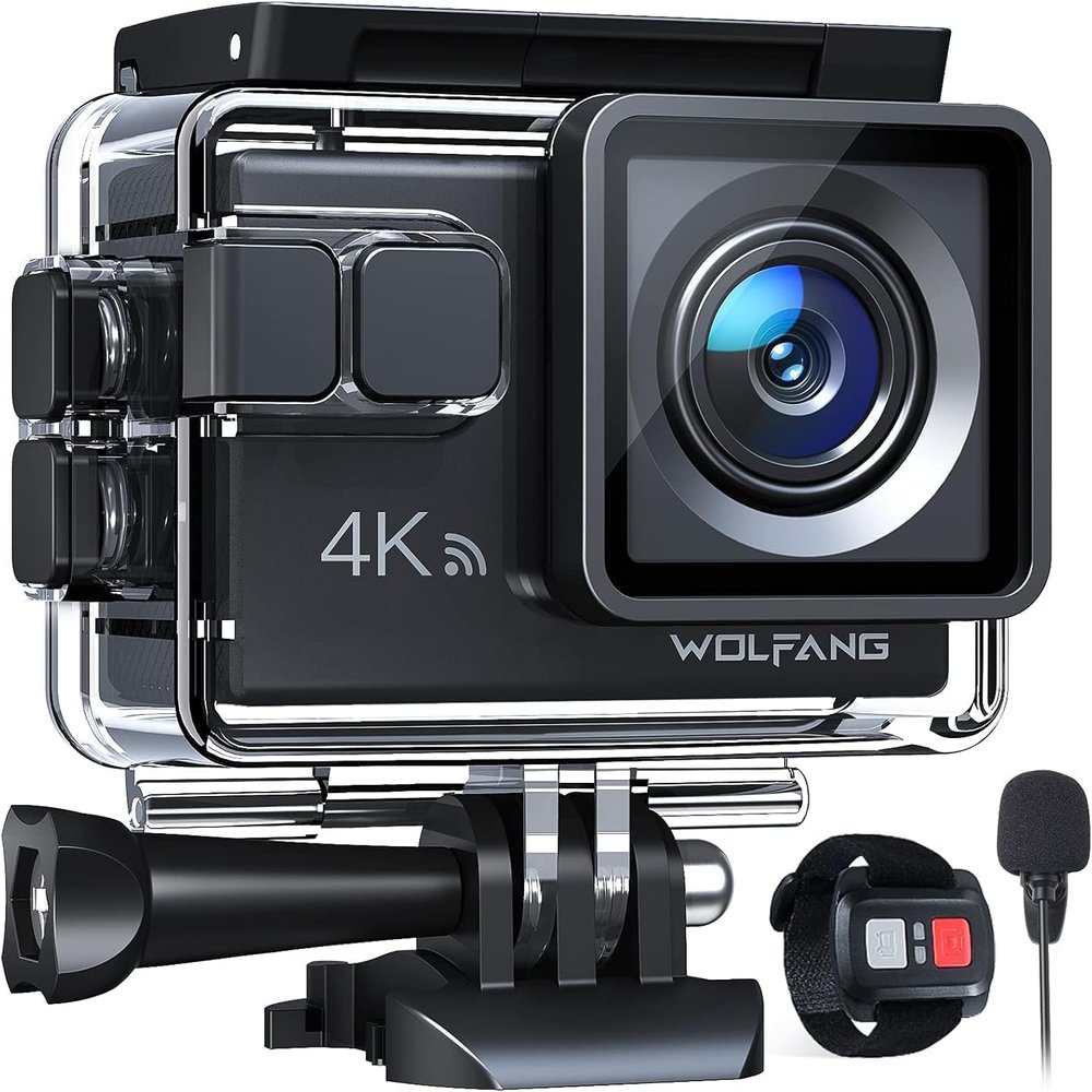 WOLFANG GA100 Action Camera 4K 20MP Waterproof 40M Underwater Camera EIS Stabilization WiFi 170 Wide Angle Helmet Camera (External Microphone, Remote Control, 2 Batteries and Accessory Kit)