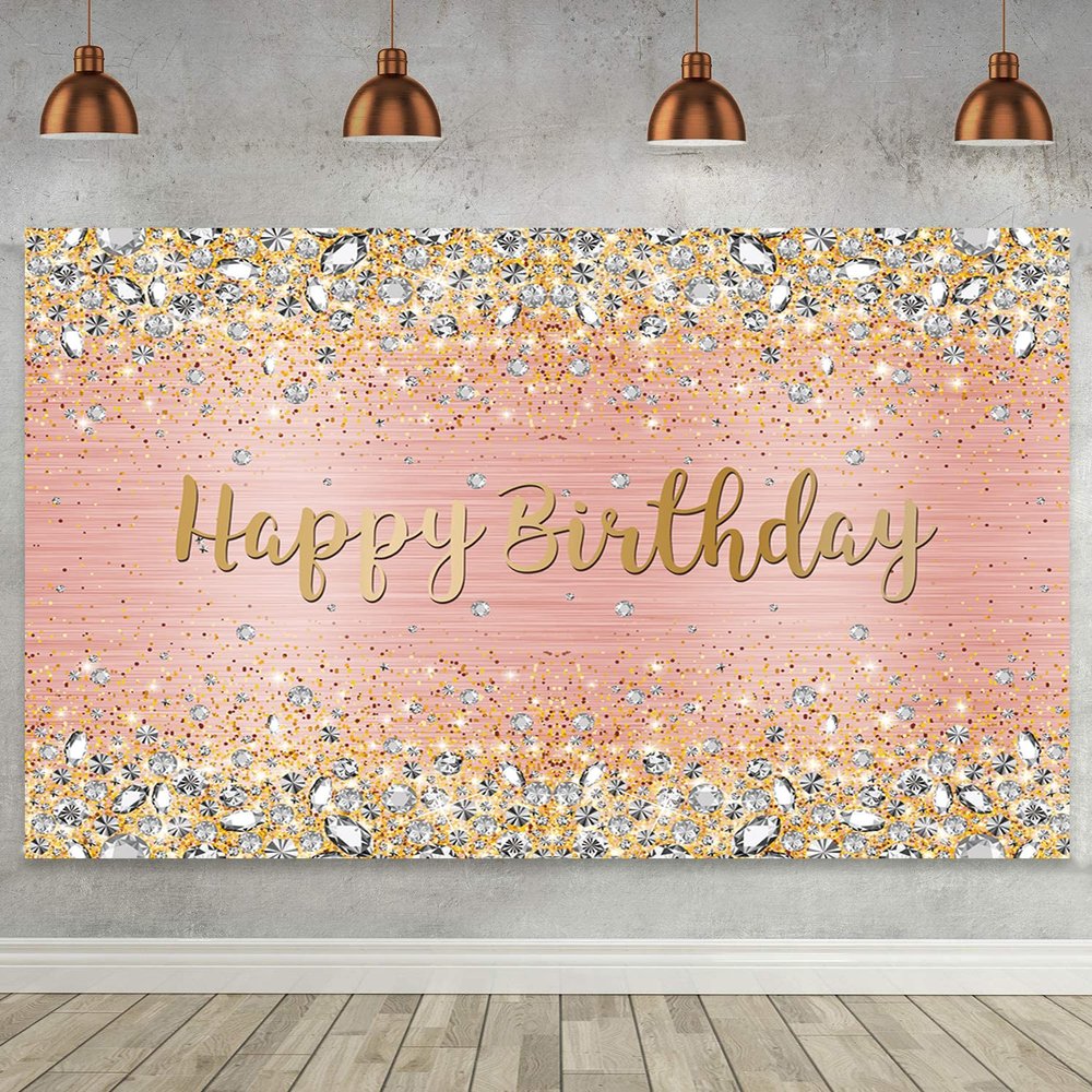 Happy Birthday Backdrop 7x5ft Diamonds Glitter Shining Pink and Gold Dot Sparkle Bokeh Photography Background for Women Girls Lady Sweet Party Decorations Photo Props
