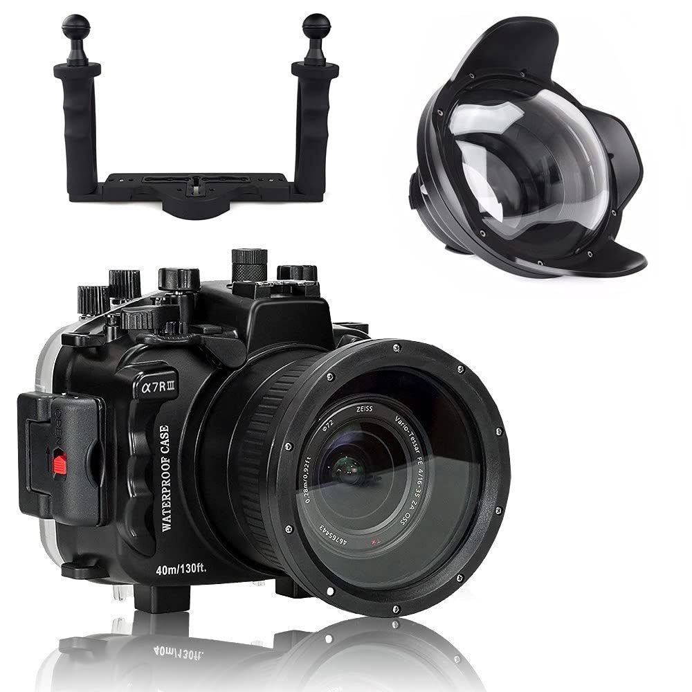 Seafrogs 40m/130ft Unterwater Camera Housing Case w/Wide Angle Dome Port and Two Hands Aluminium Tray for Sony A7III A7RIII a73 a7r3 A7 Mark 3 Protective Hard case for Photography Videography