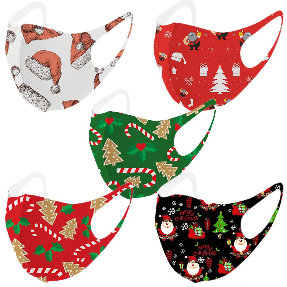 5PCS Christmas Face Mask Holiday Covers with Elastic Ear Loop Cover Full Face Anti-Dust, Unisex, Washable, Breathable, and Reusable (Kids Christmas)