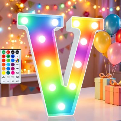 LED Marquee Letter Lights, 18 Colors Changing Light Up Letters with Remote, RGB Alphabet Letters Sign for Girls Boys Gift Birthday Party Night Light Bedroom Wedding Christmas Decor-Colorful V