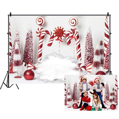Fabric Christmas Backdrop for Photography 10x6.5ft White and Red Candies Pine Tree Clouds Christmas Ornaments Background Kids Adult New Year Party Backdrop for Photoshoot