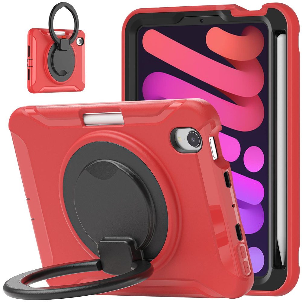 2021 New iPad mini6 6th Generation 8.3 inch case Shockproof Silicone & PC 360 Rotating Bracelet Kickstand Built-in Pencil Holder Compatible with Pencil 2 Charging (iPad mini6, Red)
